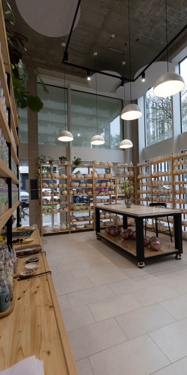 Zolta ceramics studio in Vienna showing a variety of ready made ceramics, mayo stroke and coats paints