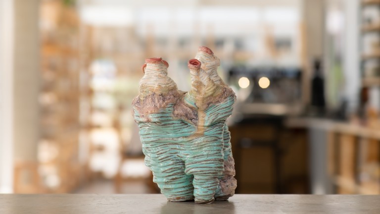 Stoneware sculpture Splitting Core by Sirin AlMasri at Zolta Ceramics Studio, featuring layered, canyon-like forms with turquoise and earthy glazes and organic vertical ridges suggesting geological movement. Ceramic Hand-building: Vase Making